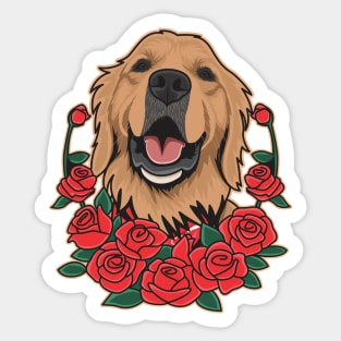 Brown Golden Retriever And Red Roses Sticker